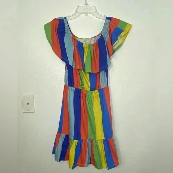 ASOS Rainbow Pride Striped Ruffled Casual Off Shoulder Dress - Picture 4 of 5